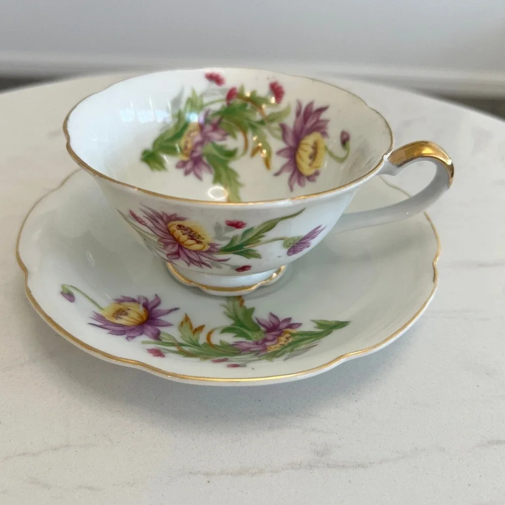 Vintage Halsey Fifth Japan Floral Porcelain Teacup Saucer Set Gold‎ Trim